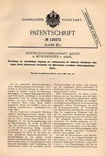 Original Patentschrift - Alioth Elektricität in Münchenstein b. Basel , 1901 , Lichtregelung für Fahrzeuge !!!