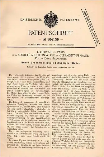 Original Patentschrift - Michelin & cie in Clermont - Ferrand , 1898 , Moteur à air comprimé, moteur à vapeur !!!