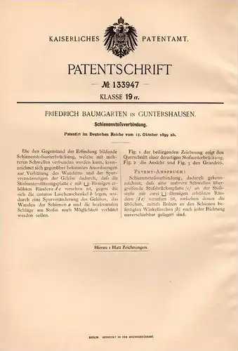 Original Patentschrift -  F. Baumgarten in Guntershausen , 1899,  Schienen , Schiene , Gleis , Eisenbahn , Baunatal !!!