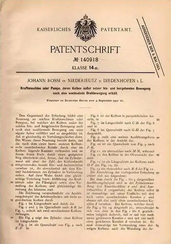 Original Patentschrift - J. Rossi in Niederjeutz / Yutz b. Diedenhofen , 1902, Kraftmaschine , Thionville