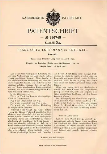 Original Patentschrift - F. Estermann in Rottweil , 1899 , Korsett , Corset , Corsage  !!!