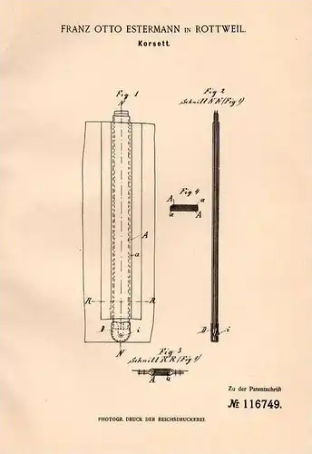 Original Patentschrift - F. Estermann in Rottweil , 1899 , Korsett , Corset , Corsage  !!!