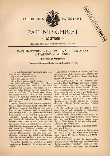 Original Patentschrift - Fa. Männchen & Co in Pfaffendorf - Liegnitz , 1885 , Kehrpflug , Pflug , Agrar , Legnica !!!