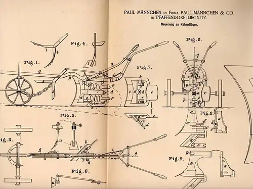 Original Patentschrift - Fa. Männchen & Co in Pfaffendorf - Liegnitz , 1885 , Kehrpflug , Pflug , Agrar , Legnica !!!