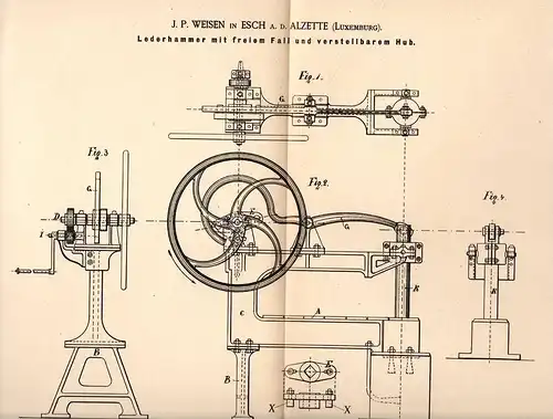 Original Patentschrift - J.P. Weisen in Esch a.d. Alzette , 1886 , Lederhammer mit freiem Fall , Leder , Luxembourg !!!