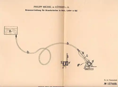 Original Patentschrift - P. Michel in Cöthen / Köthen i.A., 1902, Apparat für Brandarbeit in Holz und Leder , Brennen !!