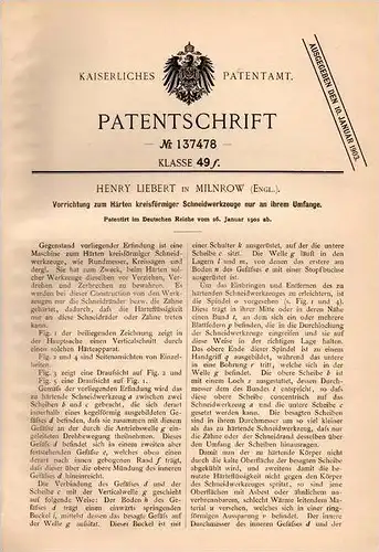 Original Patentschrift - H. Liebert in Milnrow , 1902 , Maschine für Schneidwerkzeuge , Messer , Machine !!!