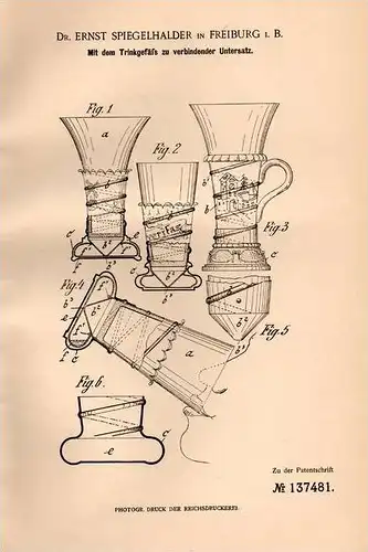 Original Patentschrift - Dr. E. Spiegelhalder in Freiburg i.B., 1902 , Trinkgefäß mit Untersatz , Kelch , Bier , Veritas