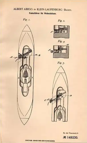 Original Patentschrift - A. Abegg in Klein - Laufenburg , Baden , 1903 , Fadenführer für Webstuhl , Weberei , Weber !!!