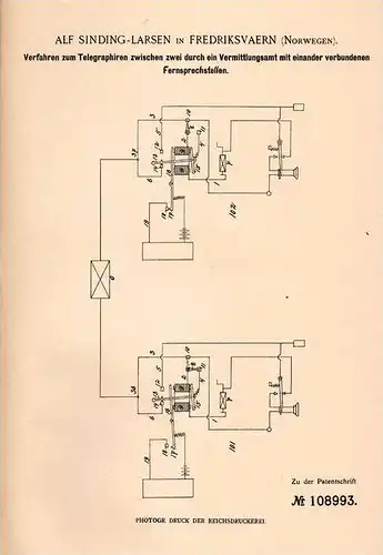Original Patentschrift - Alf Sinding-Larsen in Frederiksvaerk , Norway , 1899 , Telegraph , Telegraphie , telegraphy !!!