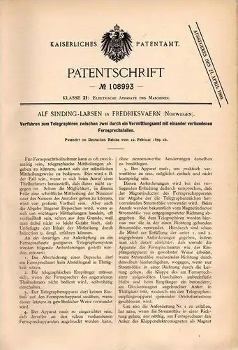 Original Patentschrift - Alf Sinding-Larsen in Frederiksvaerk , Norway , 1899 , Telegraph , Telegraphie , telegraphy !!!