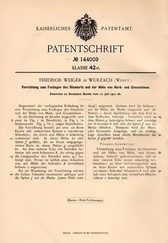 Original Patentschrift - T. Weiger in Wurzach , 1902 , Apparat für Grenzstein , Markstein , Bannstein , Abmarkung !!!