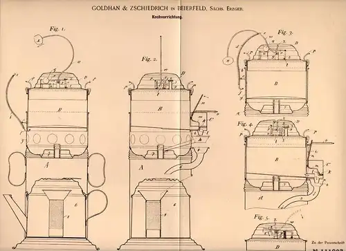 Original Patentschrift - Goldhan & Zschiedrich in Beierfeld ,sächs. Erzgeb.,1899,Kochapparat , Küche , Kaffee , Grünhain