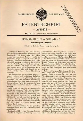 Original Patentschrift - Rich. Streller in Oschatz i.S. ,1894 , selbstanzeigende Zielscheibe , Schießen , Schützenverein