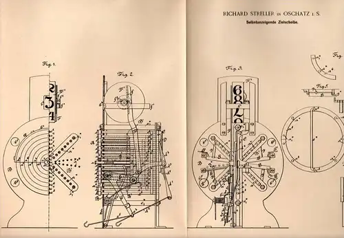 Original Patentschrift - Rich. Streller in Oschatz i.S. ,1894 , selbstanzeigende Zielscheibe , Schießen , Schützenverein