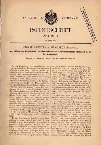 Original Patentschrift - Edward Batten in Kirkcaldy , Scottland , 1899 , Apparat für Linoleum und Mosaikbelag !!!