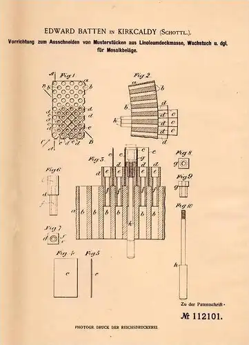 Original Patentschrift - Edward Batten in Kirkcaldy , Scottland , 1899 , Apparat für Linoleum und Mosaikbelag !!!
