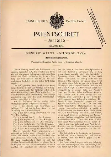 Original Patentschrift - B. Watzel in Neustadt / Prudnik , 1899 , Halbstunden - Schlagwerk , Uhr , Uhrmacher !!!