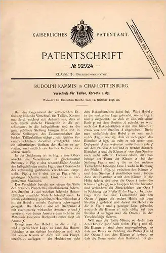 Original Patentschrift - Verschluß für Korsett und Taille , 1896 , R. Kammin in Charlottenburg , Corset !!!