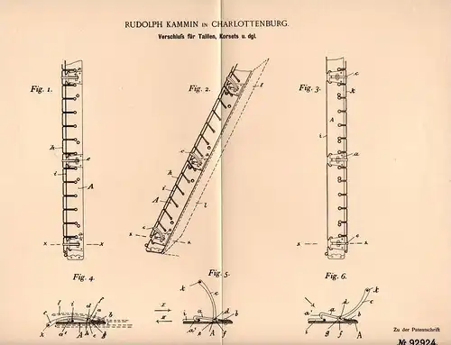 Original Patentschrift - Verschluß für Korsett und Taille , 1896 , R. Kammin in Charlottenburg , Corset !!!