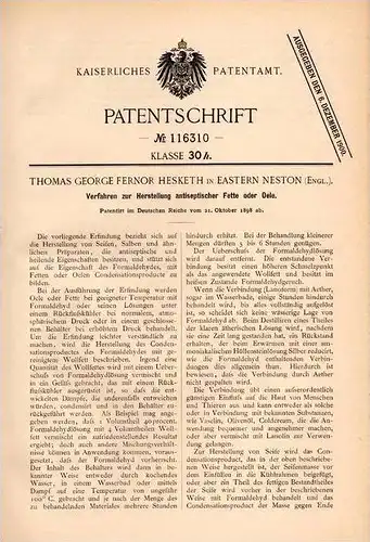 Original Patentschrift - Thomas Hesketh in Easton Neston , England , 1898 , antiseptische Fette und Oel !!