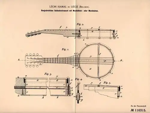 Original Patentschrift - Léon Hamal in Liege , Belgien , 1899 , Banjo , Mandoline , Mandola , Musik !!!