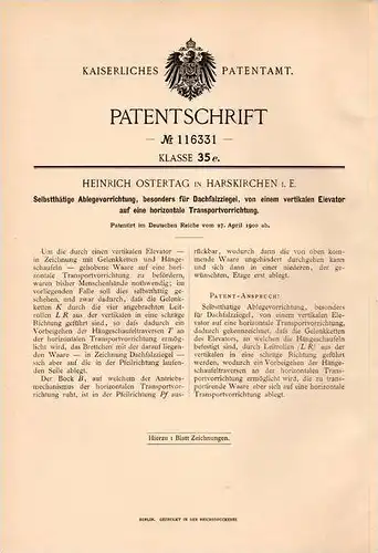 Original Patentschrift - H. Ostertag in Harskirchen i. Elsass , 1900 , Elevator für Dachziegel , Dachdecker , Ingwiller