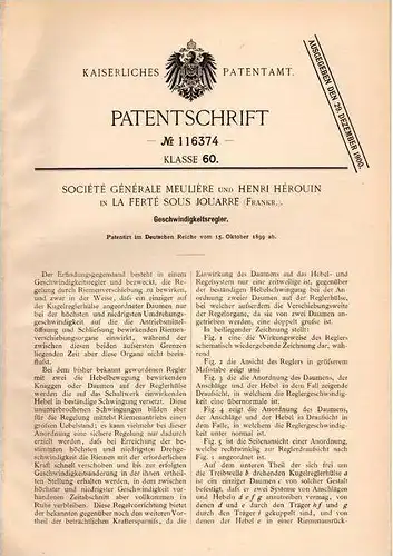 Original Patentschrift - H. Hérouin in La Ferté sous Jouarre , 1899 , Geschwindigkeitsregler !!!