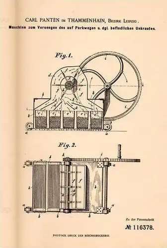 Original Patentschrift - Carl Panten in Thammenhain , Bez. Leipzig , 1899, Maschine zur Unkraut - Vernichtung , Lossatal