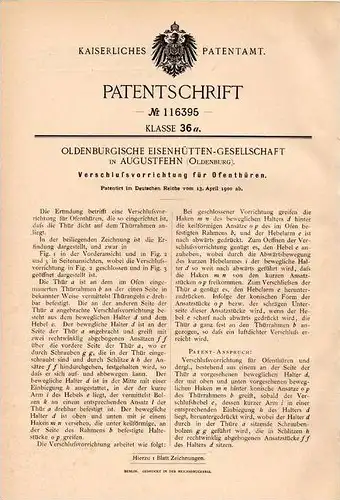 Original Patentschrift - Eisenhütten Gesellschaft in Augustfehn b. Apen , 1900 , Verschluß für Ofentüren , Ofen !!!