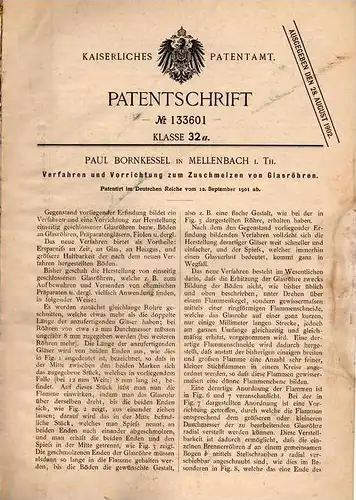 Original Patentschrift - P. Bornkessel in Mellenbach i. Th., 1901 ,Schmelzen von Glasröhren , Glas , Mellenbach-Glasbach