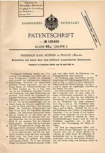 Original Patentschrift - F. Hübner in Praust i. Westpr. , Pruszcz Gdanski , 1906 , Milchfilter mit Siebeinsatz !!!