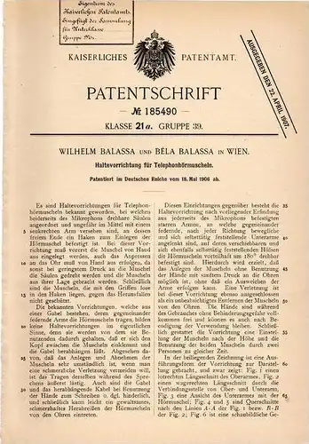 Original Patentschrift - W. Balassa in Wien , 1906 , Halteapparat für Telephon - Hörmuscheln !!!