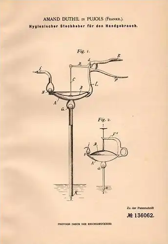 Original Patentschrift - Amand Duthil in Pujols , 1901 , Stechheber für Handgebrauch !!!