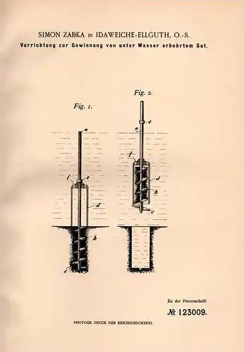 Original Patentschrift - S. Zabka in Idaweiche b. Kattowitz , O.-S., 1901 , Gewinnung von Material unter Wasser !!!