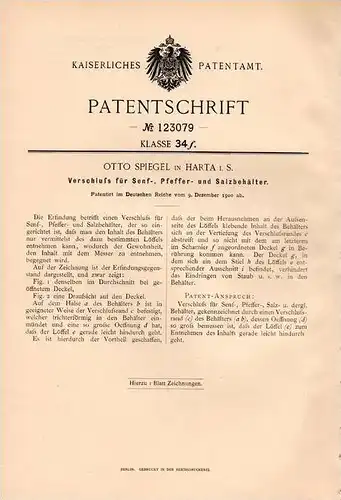 Original Patentschrift - Otto Spiegel in Hartha i.S., 1900 , Verschluß für Senf -, Pfeffer und Salzbehälter !!!