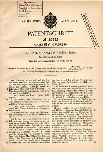 Original Patentschrift - Edouard Grardel in Amiens , Somme , 1905 , Rad mir federnder Nabe !!!