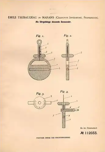 Original Patentschrift - E. Thibaudeau in Marans , Charente Inférieure , 1899 , Sonnenuhr , cadran solaire , sundial !!!