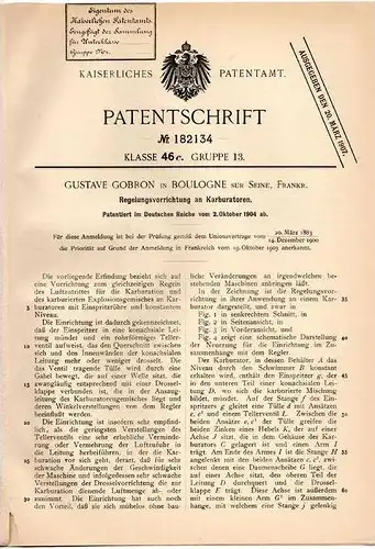 Original Patentschrift - G. Gobron in Boulogne sur Seine , 1904 , Regelapparat für Karburator , Carburator !!!