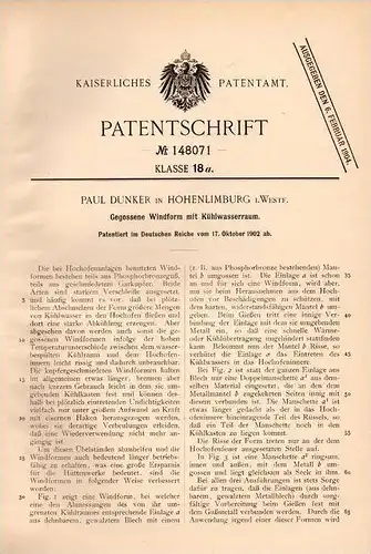 Original Patentschrift - P. Dunker in Hohenlimburg i. Westf., 1902 , Windform für Hochofen , Hagen !!!