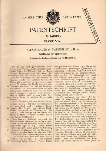 Original Patentschrift - Alexis Mauer in Walkenried b. Osterode a. Harz , 1903 , Brechbacke für Steinbrecher !!!