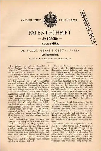 Original Patentschrift - Dr. Raoul Pierre Pictet in Paris , 1899 , moteur á vapeur , Dampfluftmaschine , Dampfmaschine !