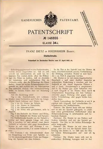 Original Patentschrift -  Franz Dietz in Rheinsheim b. Philippsburg , Baden , 1902 , Stuhl - Höhenverstellung !!!