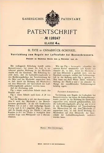 Original Patentschrift - H. Frye in Osnabrück - Schinkel , 1900 , Regelung der Luftzufuhr für Bunsenbrenner !!!