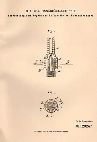 Original Patentschrift - H. Frye in Osnabrück - Schinkel , 1900 , Regelung der Luftzufuhr für Bunsenbrenner !!!