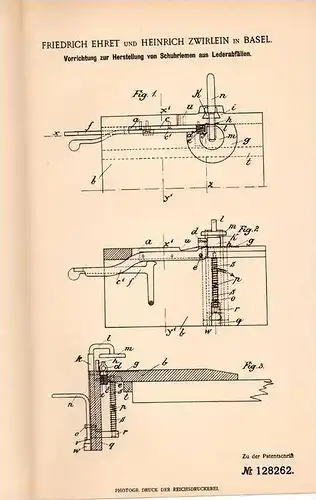 Original Patentschrift - F. Ehret und H. Zwirlein in Basel , 1901 , Schuhriemen aus Leder - Abfällen , Schuhmacher  !!!