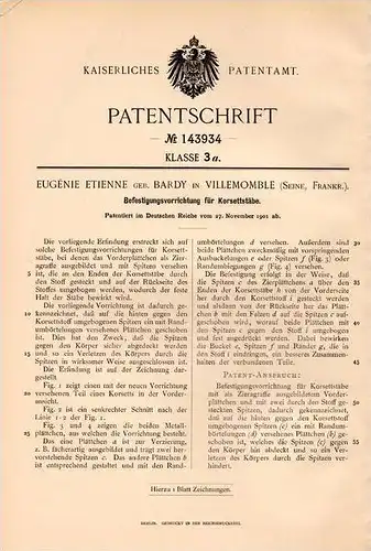 Original Patentschrift - E. Etienne geb. Bardy in Villemomble , Seine , 1901 , Korsett - Befestigung !!!