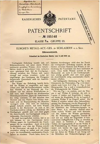 Original Patentschrift - Elmore's Metall AG in Schladern a.d. Sieg , 1904 , Röhrenwalzwerk , Walzwerk , Windeck !!!