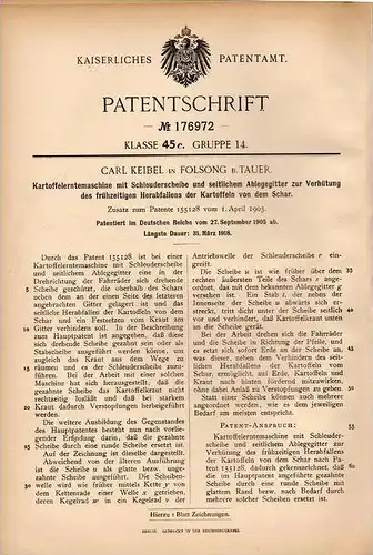 Original Patentschrift - C. Keibel in Folsong b. Tauer , Kr, Thorn , 1905 , Kartoffel - Erntemaschine !!!
