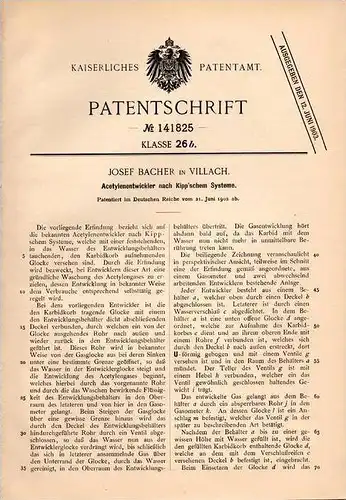 Original Patentschrift - Josef Bacher in Villach , 1902 , Acetylenentwickler !!!